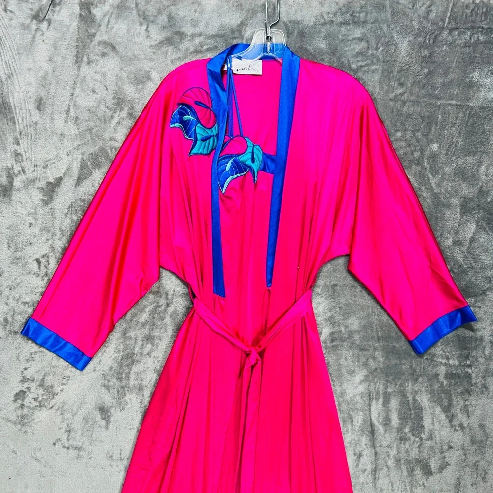 VTG Bright Pink Blue Gown Satin Slip Robe Set Tropical Monstera Leaf M Peignoir